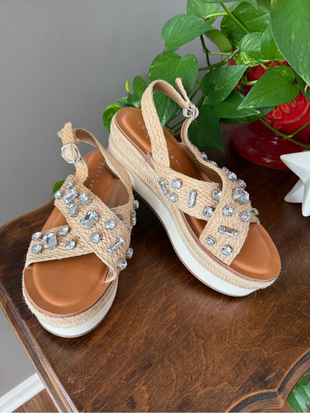 Copper Key Embellished Beige Wedge Sandals. Size 9